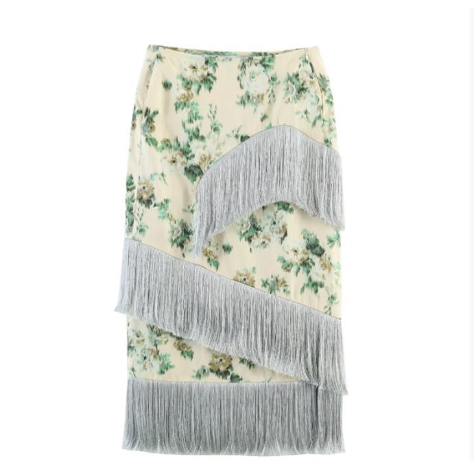 Damen Floral bedruckter Midirock mit diagonalem Fransenbesatz und schlanker Silhouette Drune