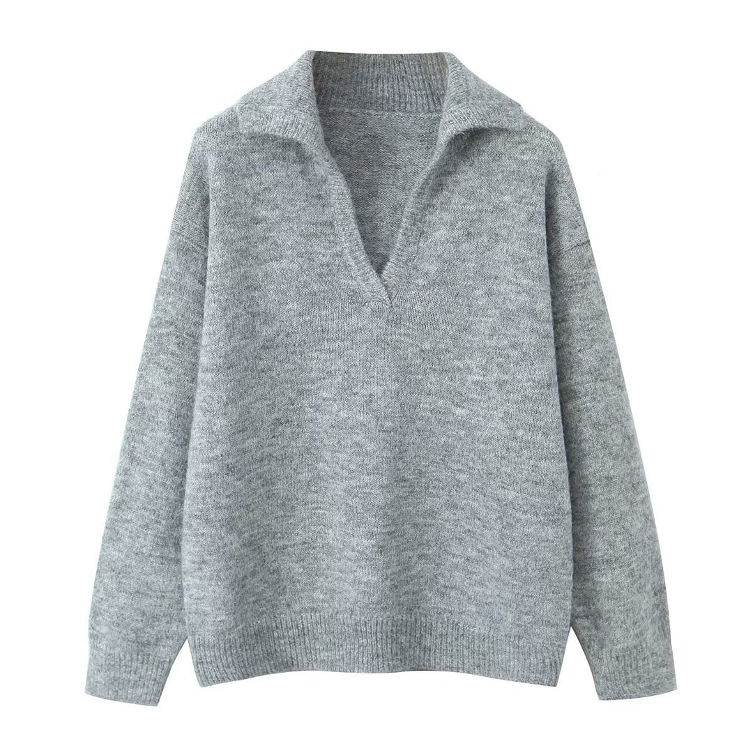 Damen lässiger Strickpullover mit Stehkragen und V-Ausschnitt Drune