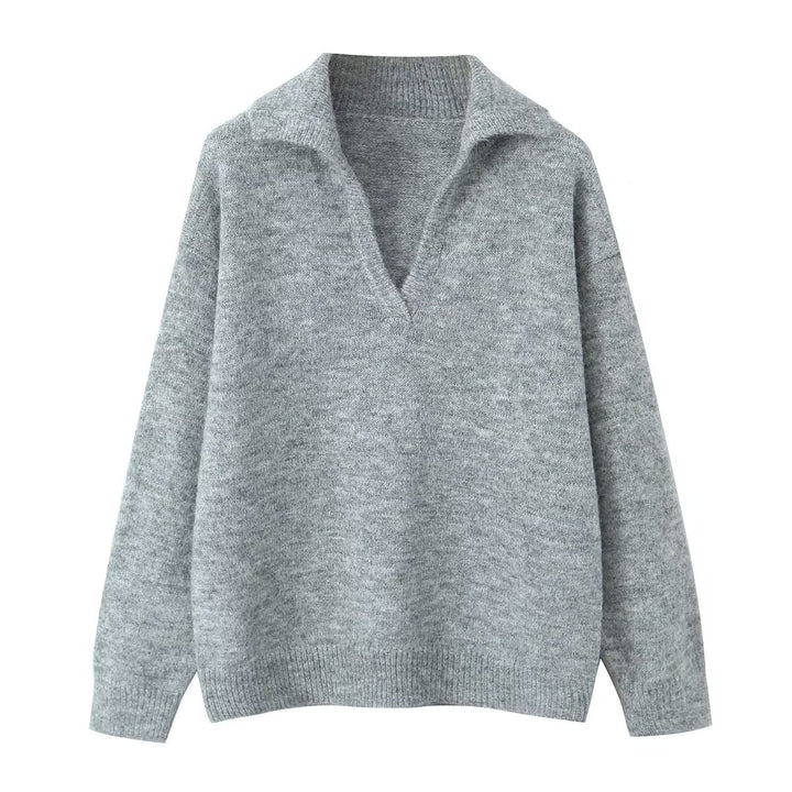 Damen lässiger Strickpullover mit Stehkragen und V-Ausschnitt Drune