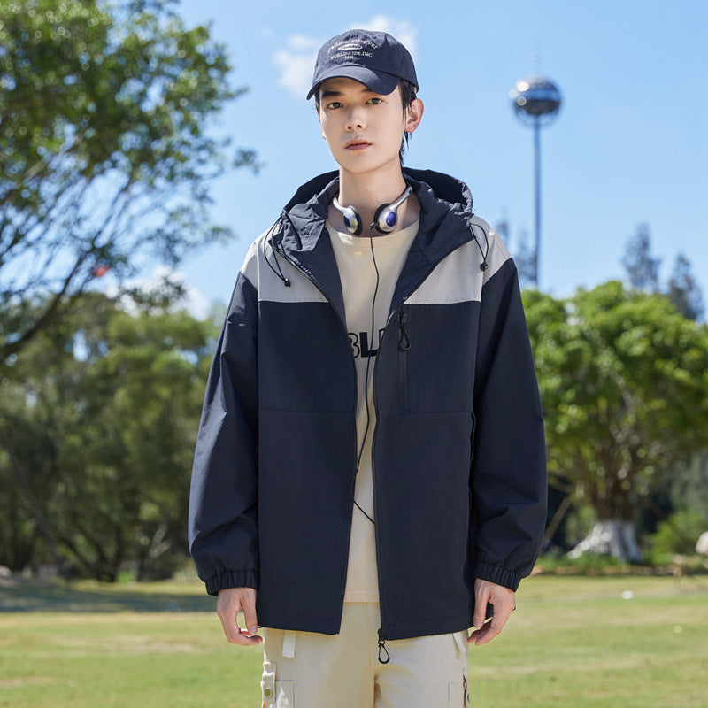 Herren Modische Windbreakerjacke mit verstellbarem Kapuzenkragen Drune