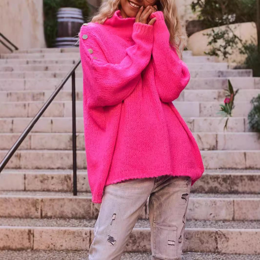 Damen Oversized Strickpullover mit hohen Kragen und dekorativen Knöpfen Drune