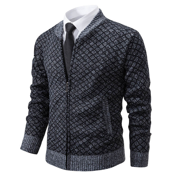 Herren Strick-Zipjacke mit feinem Jacquard‑Muster, durchgehendem Reißverschluss und geripptem Saum Drune