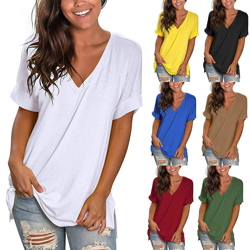 Damen V-Ausschnitt T-Shirt mit lässigem Schnitt und umgeschlagenen Ärmeln Drune