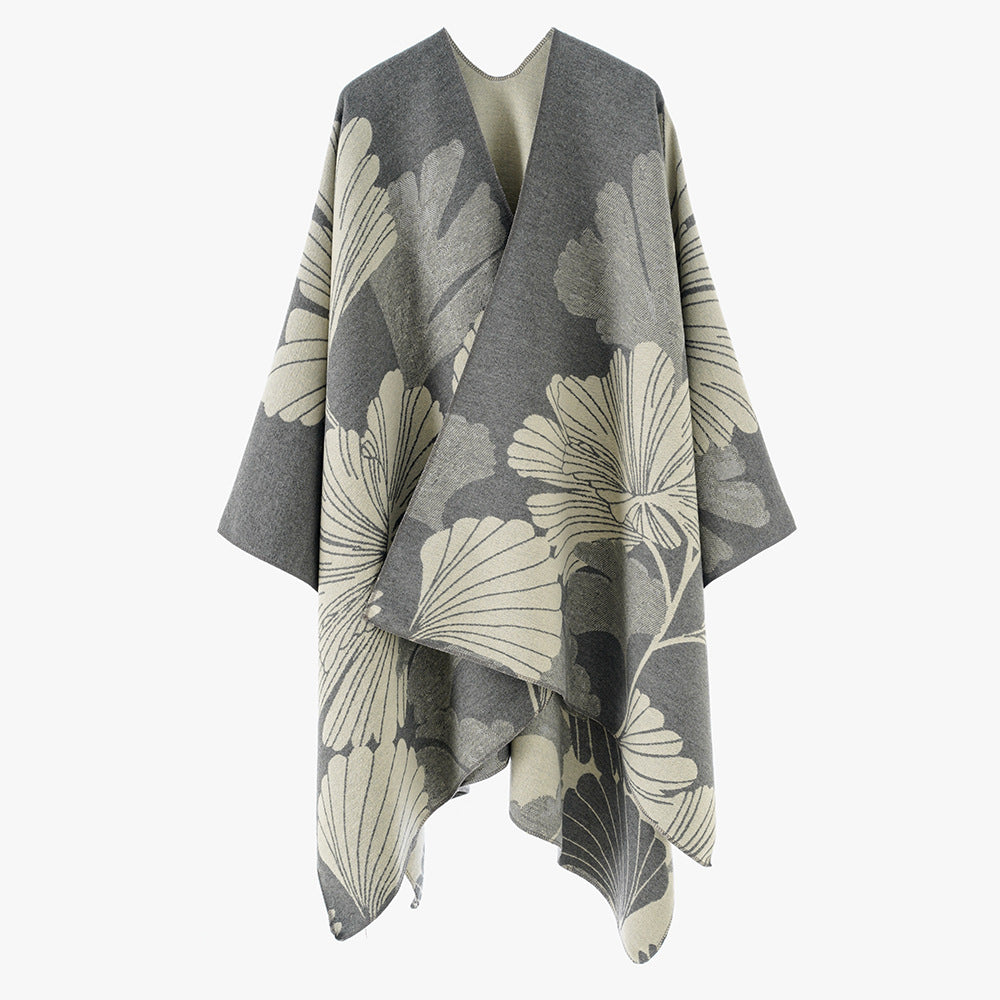 Damen Jacquard‑Capeponcho mit großflächigem Blatt‑Jacquard und offenem Wickelschnitt Drune