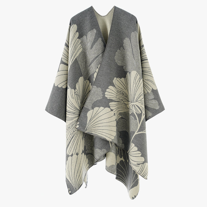 Damen Jacquard‑Capeponcho mit großflächigem Blatt‑Jacquard und offenem Wickelschnitt Drune