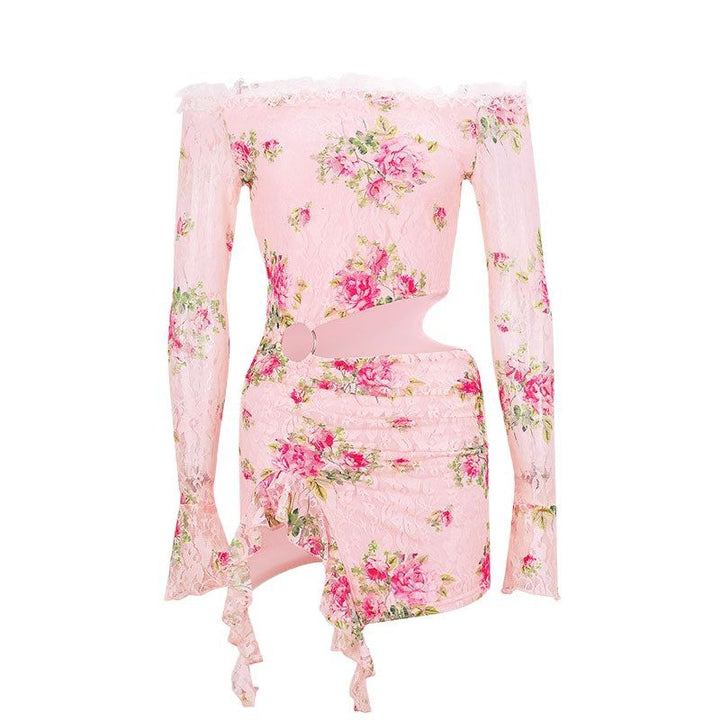 Damen Off-Shoulder Blusenkleid mit floralen Akzenten und asymmetrischem Design Drune