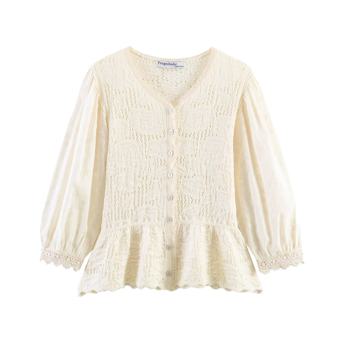 Damen Strickbluse mit Knopfreihe, Spitzenmanschetten und Volant‑Peplum Drune