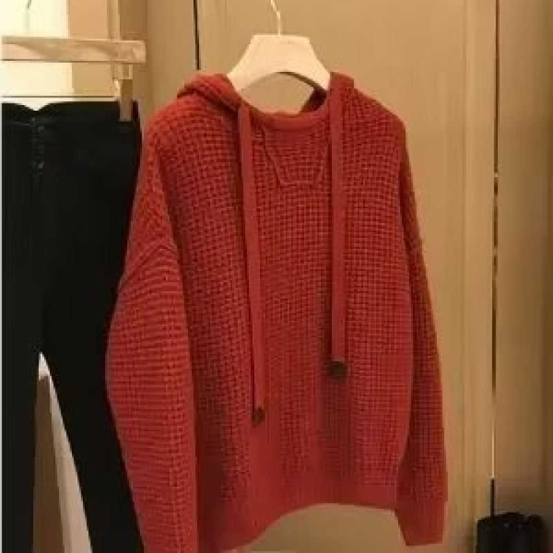 Damen Grobgestrickter Oversize-Kapuzenpullover mit Waffelstruktur und Kordelzug Drune