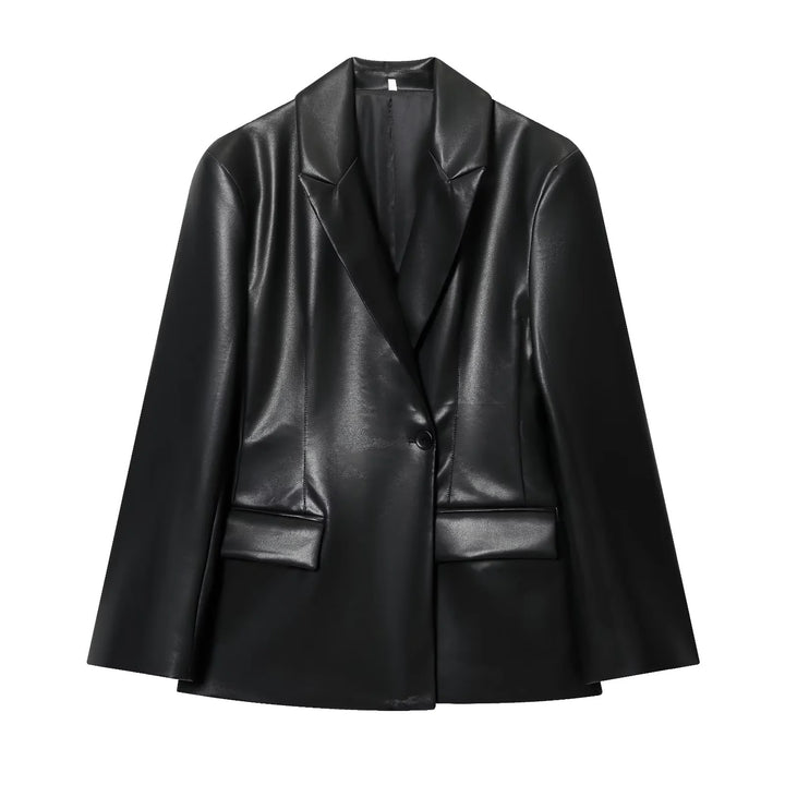 Damen nan luxuriöser veganer Blazer im Lederlook mit schmaler Silhouette, Schalkragen und Pattentaschen Drune