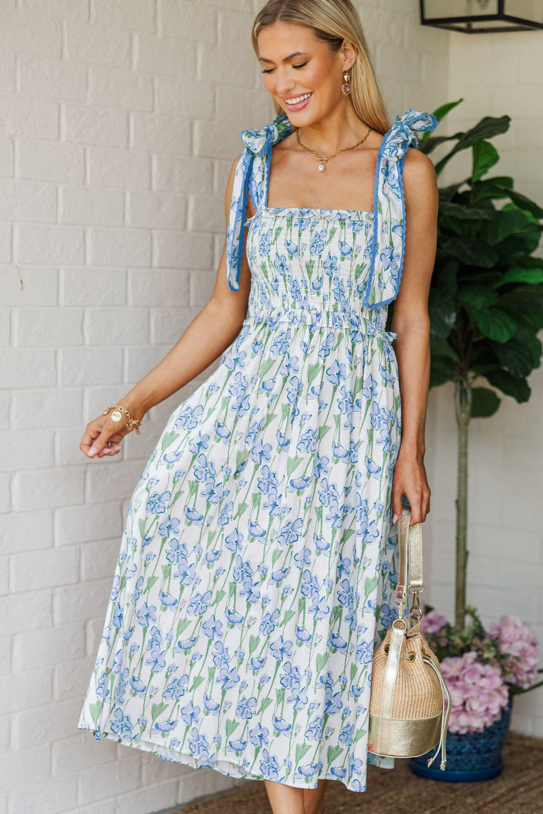 Damen Sommerkleid mit Raffung und schulterlangen Bindebändern Drune