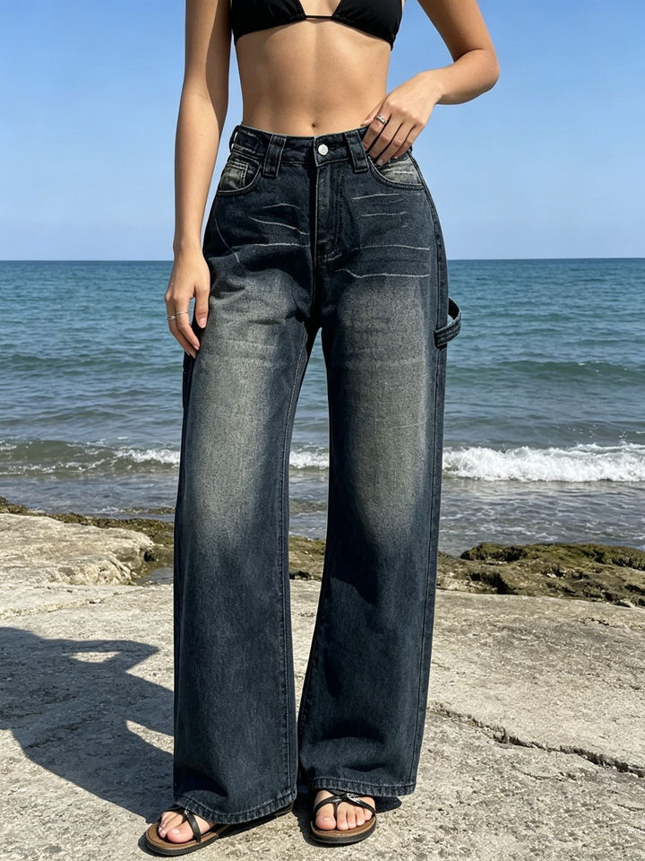 Damen nan weite High‑Waist Carpenter-Denimhose mit Utility-Seitentasche und ausgestelltem Bein Drune