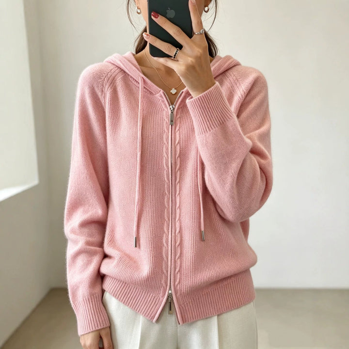 Damen Kapuzen-Cardigan mit Reißverschluss, feinem Feinstrick und gerippten Bündchen Drune