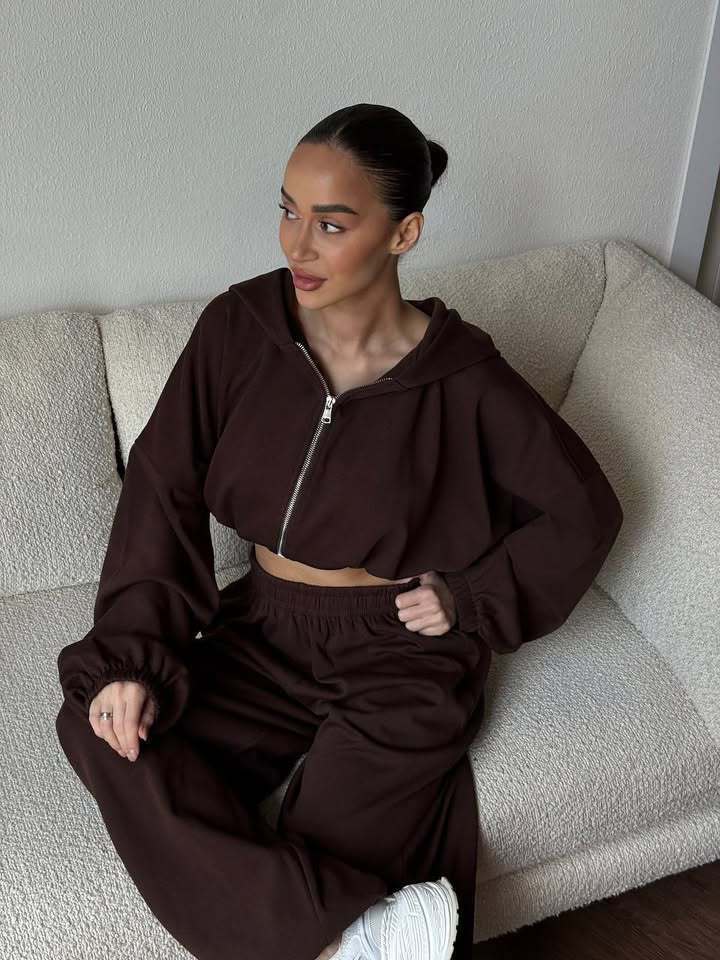 Damen cropped Kapuzen-Zipjacke mit Ballonärmeln und hochgeschnittener weiter Sweatpants-Set Drune