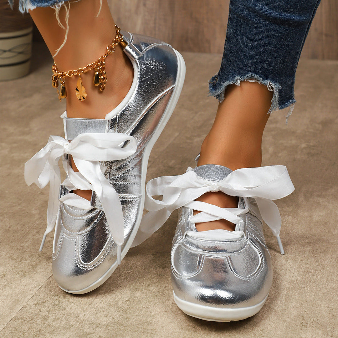 Damen Sportliche Sneaker mit glänzendem Metallic-Obermaterial und bequemer Schnürung Drune