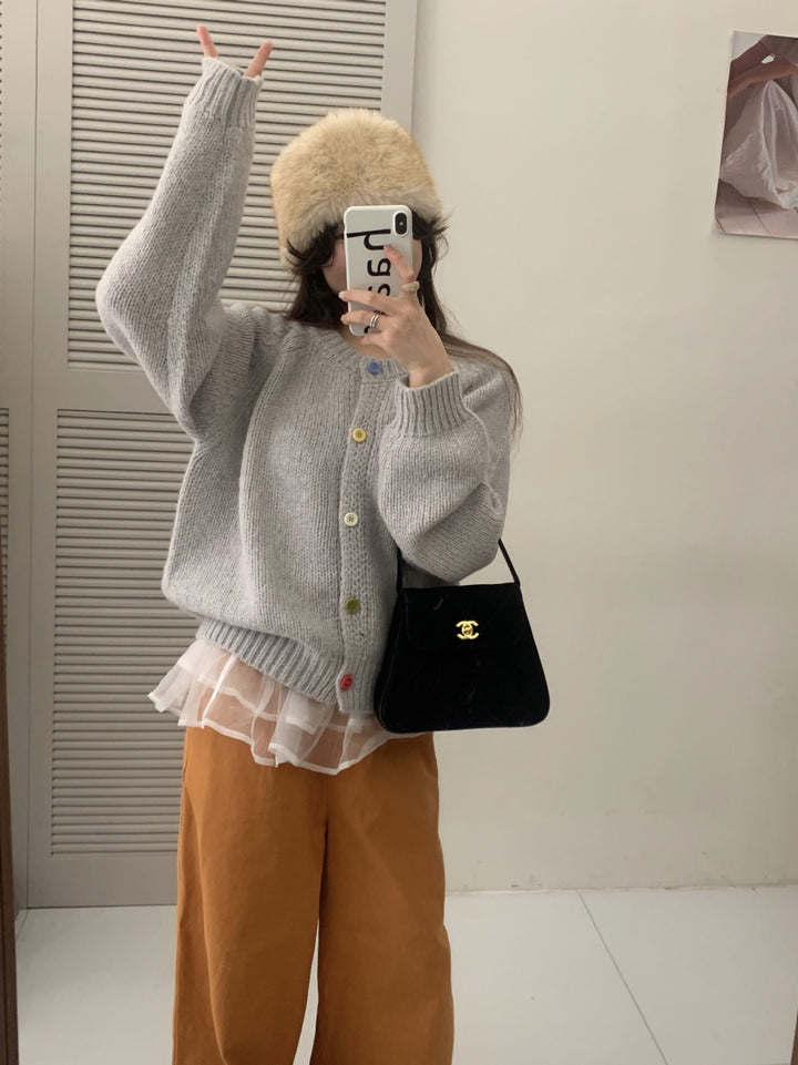Damen Kuschelige Strickjacke mit bunten Knöpfen und lockerer Passform Drune