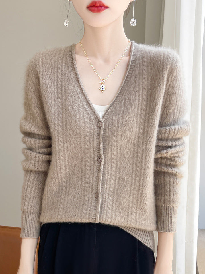 Damen Kurzer Zopfmuster-Cardigan im Mohair-Look mit V‑Ausschnitt und gerippten Bündchen Drune