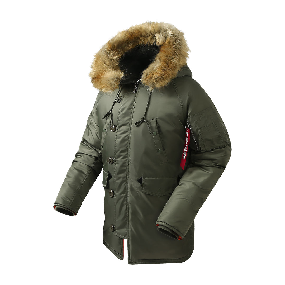 Herren langer thermoisolierter Parka mit Kunstfellkapuze und Utility‑Taschen Drune