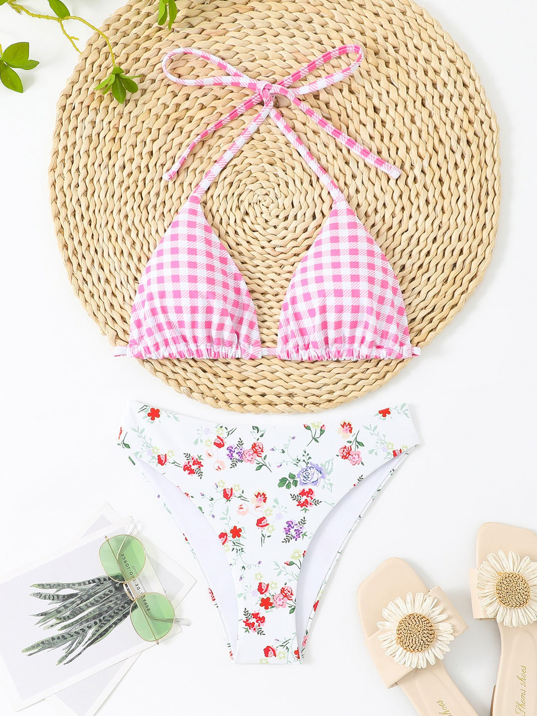 Damen Triangel-Bikini mit Floral- und Karomuster Drune