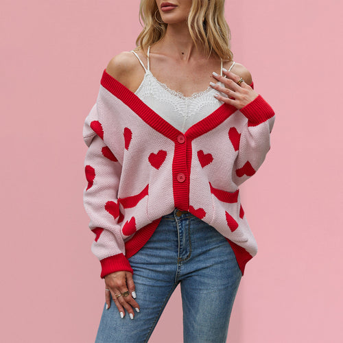 Damen kuschelige Strickjacke mit Herzmuster und großen Taschen Drune