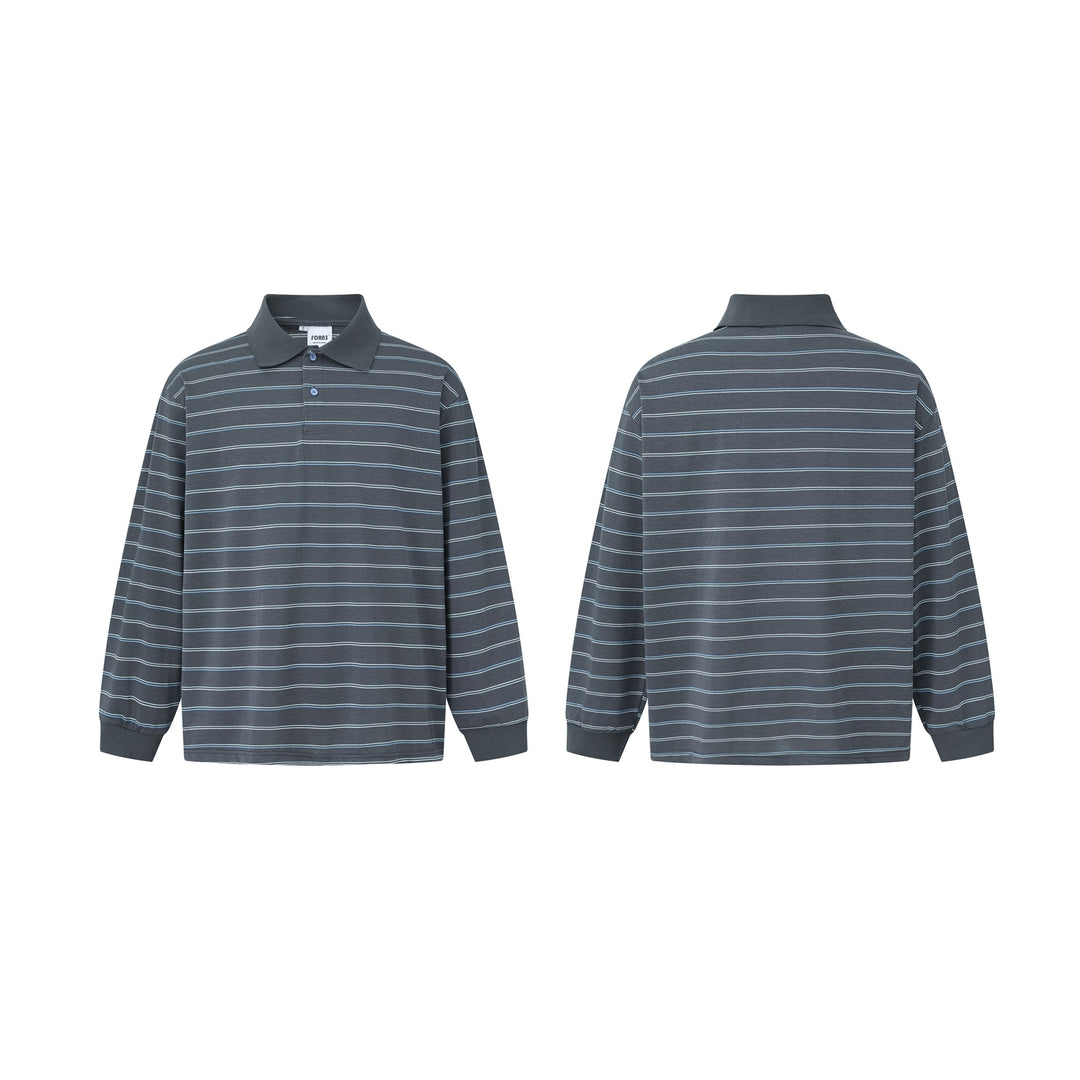 Herren Langarm-Poloshirt im Oversize‑Schnitt mit feinen Streifen und Rippkragen Drune