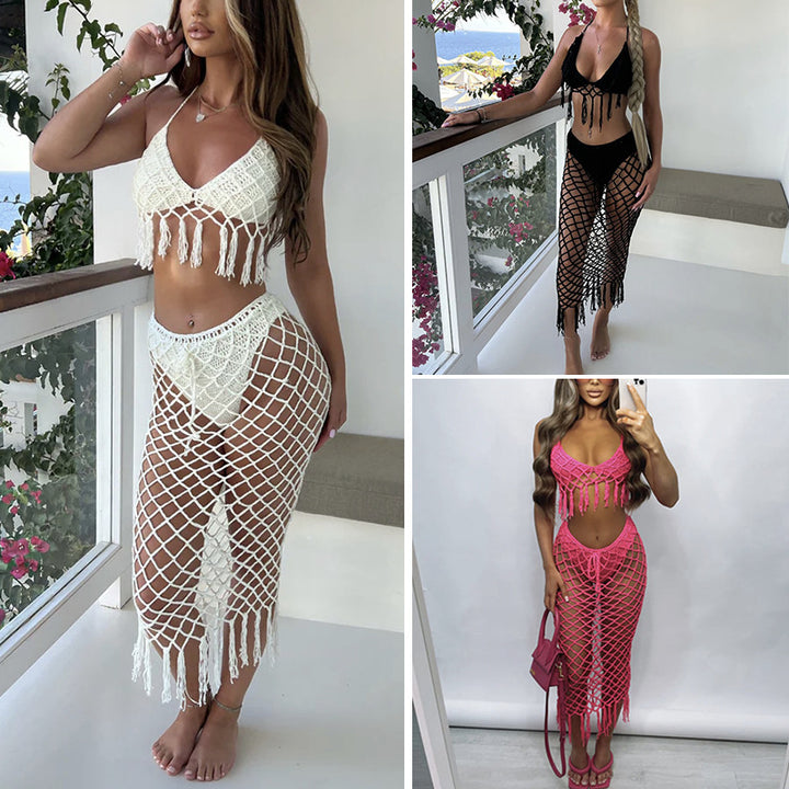 Damen Häkel-Bikini-Set mit raffinierter Netzstruktur und verführerischen Fransen Drune