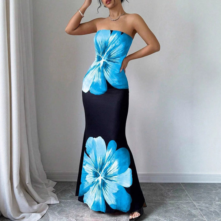 Damen Strapless Maxikleid mit floralen Akzenten und elegantem Slim-Fit Drune