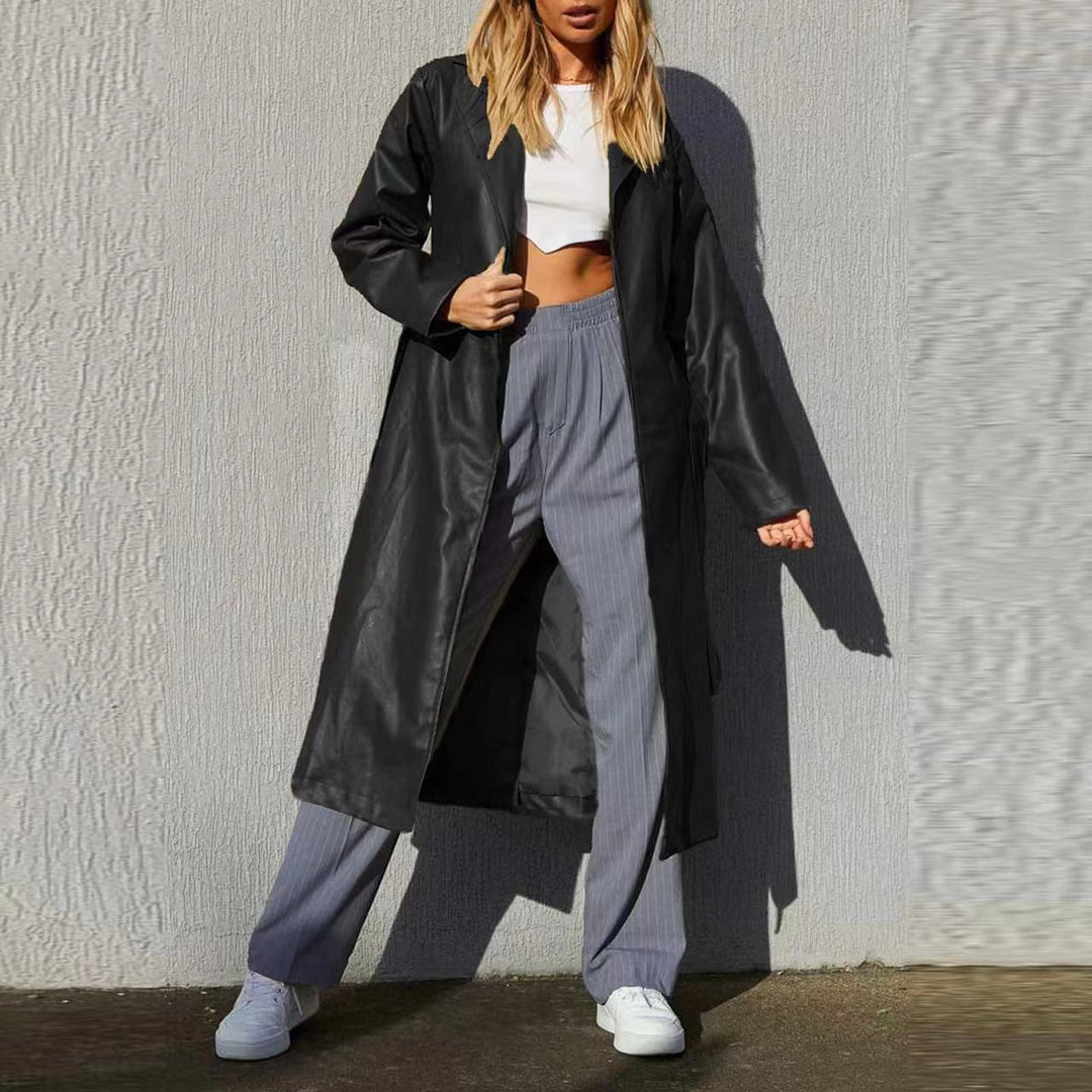 Damen Langer eleganter Kunstleder-Mantel Drune