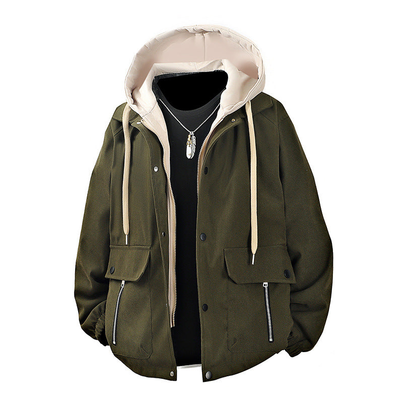 Herren  geschichtete Kapuzen Utility Parka Jacke mit kontrastierender Kapuze Innenfutter Klappe und Reißverschlusstaschen Drune