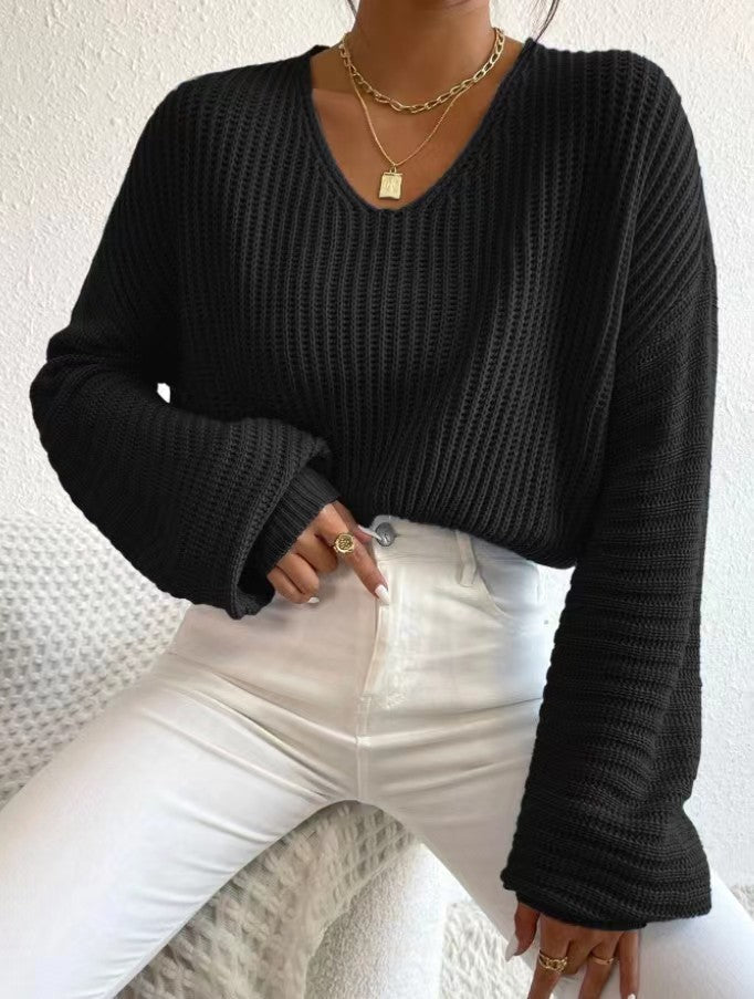 Damen lässiger Strickpullover mit weitem V-Ausschnitt und oversize Ärmeln Drune