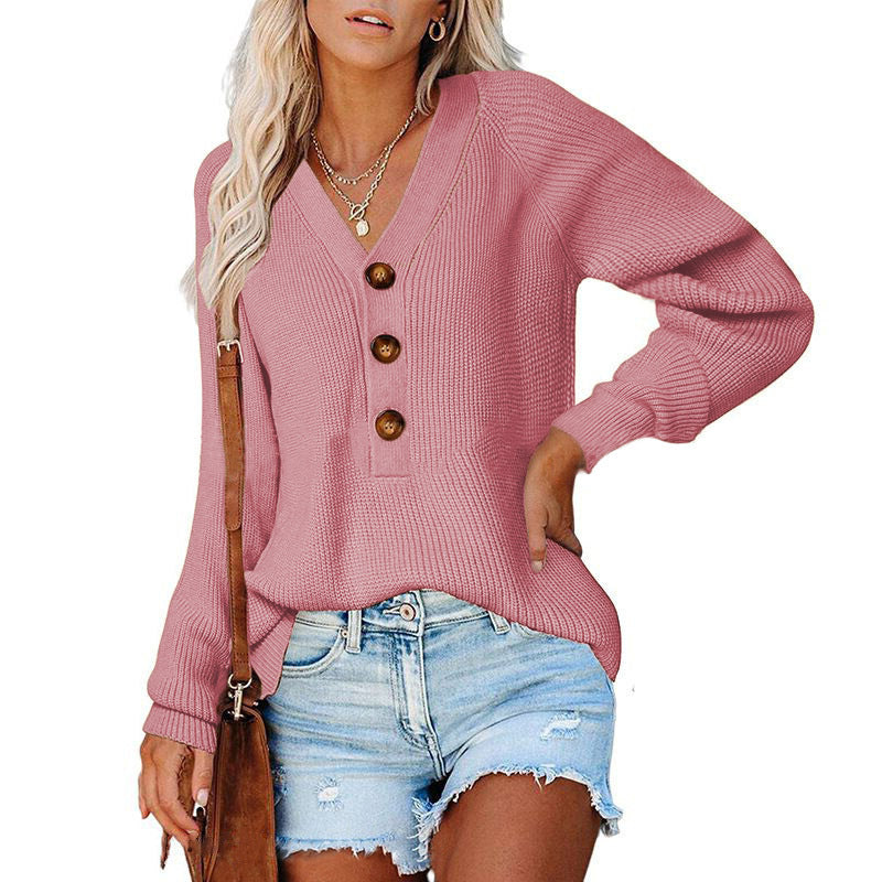 Damen Gerippter Strickpullover mit V‑Ausschnitt, Zierknopfleiste und Ballonärmeln Drune