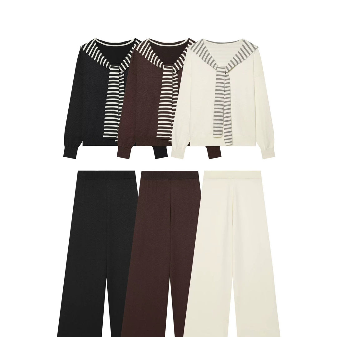 Damen Strick-Lounge-Set mit maritimen Schal-Detail und hoher Taille Drune