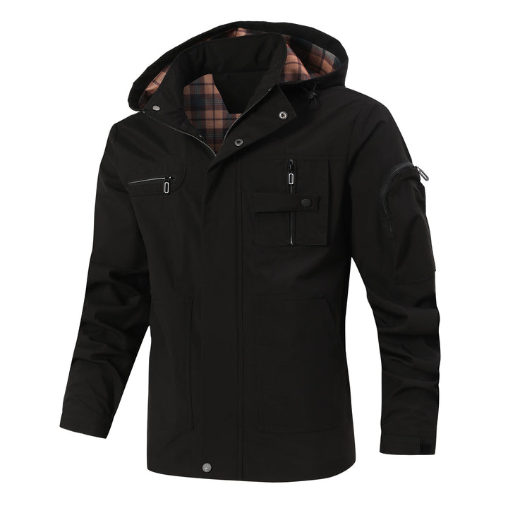 Herren Outdoor-Parka mit karierter Innenfütterung, Kapuze und Multifunktionstaschen Drune