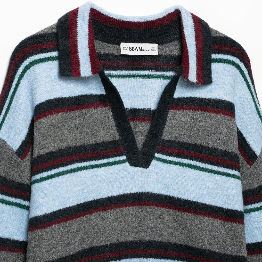 Damen Oversize Ringel-Pullover mit Polokragen und tiefem V‑Ausschnitt Drune