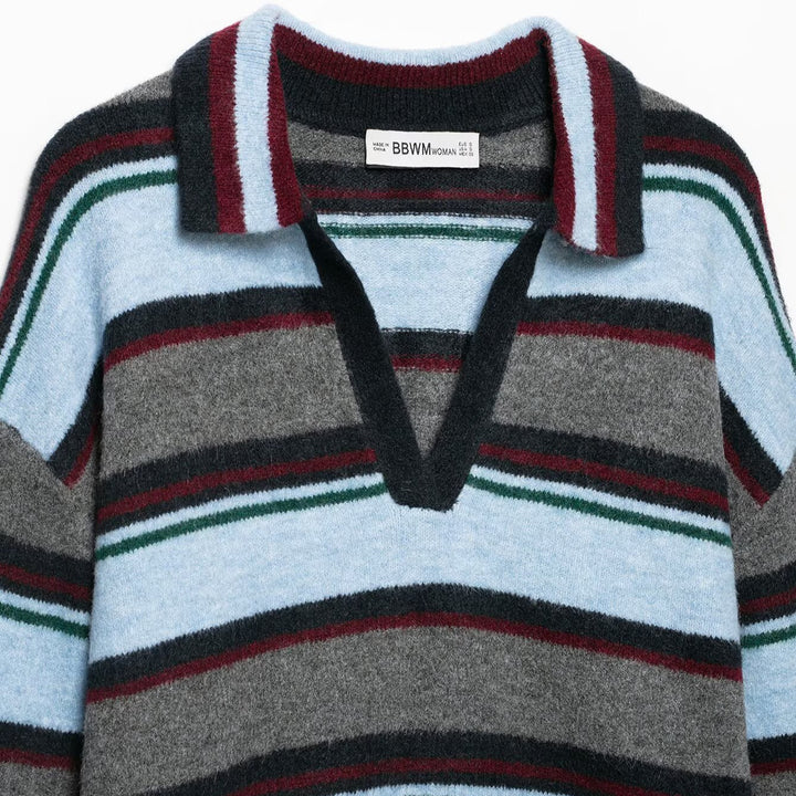 Damen Oversize Ringel-Pullover mit Polokragen und tiefem V‑Ausschnitt Drune