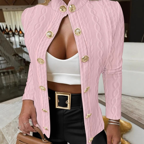 Damen Eleganter Strickblazer mit goldenen Knöpfen und Stehkragen Drune