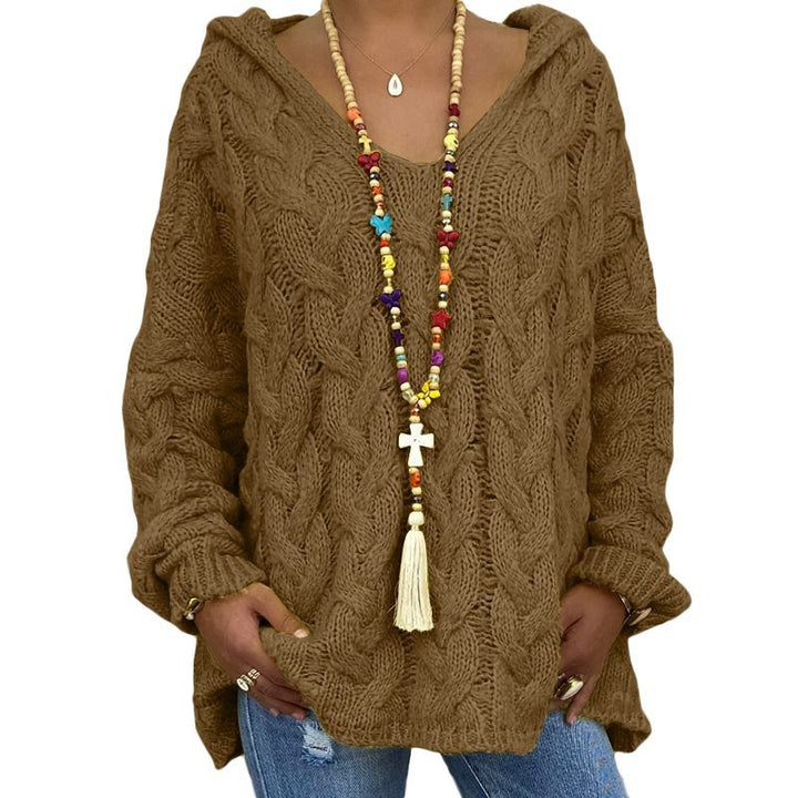 Damen Oversized Zopfmuster-Strickpullover mit Kapuze und lässigem V‑Ausschnitt Drune
