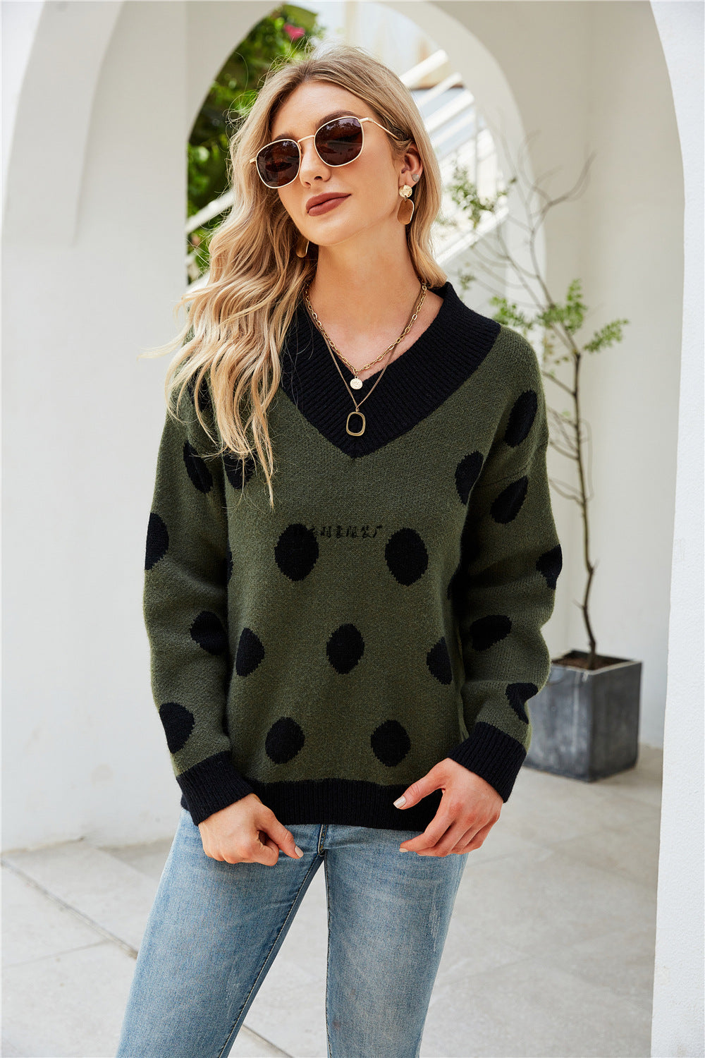 Damen modischer Pullover mit tiefem V-Ausschnitt und grafischem Punktdesign Drune