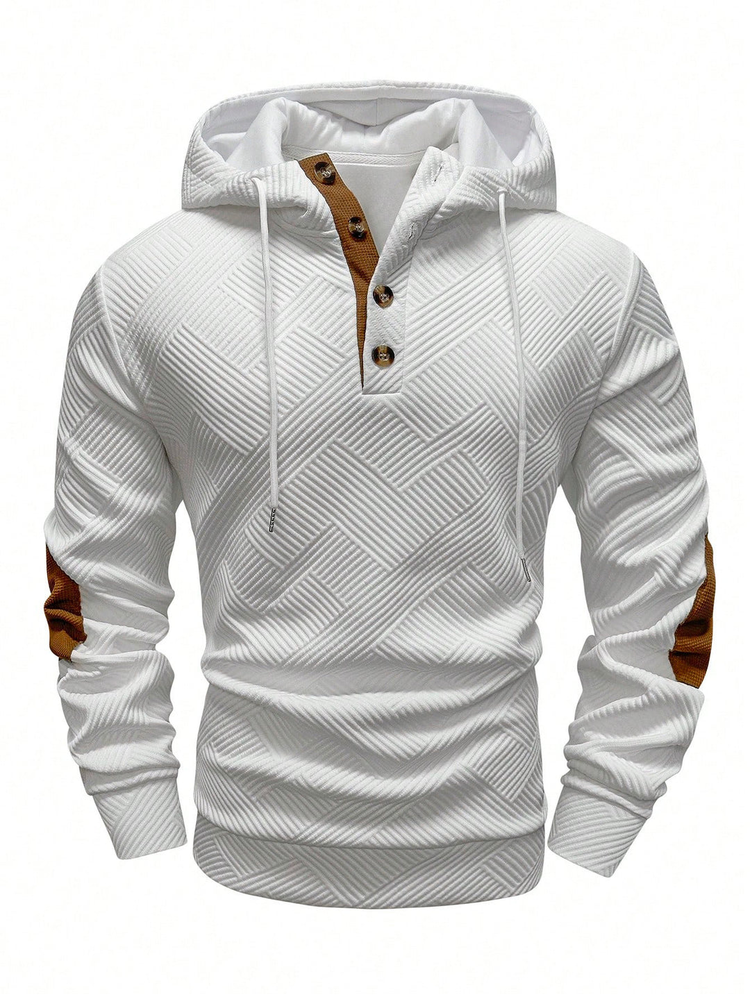 Herren nan strukturierter Kapuzenpullover im Henley-Stil mit Kontrastbesatz und Ellenbogenaufnähern Drune