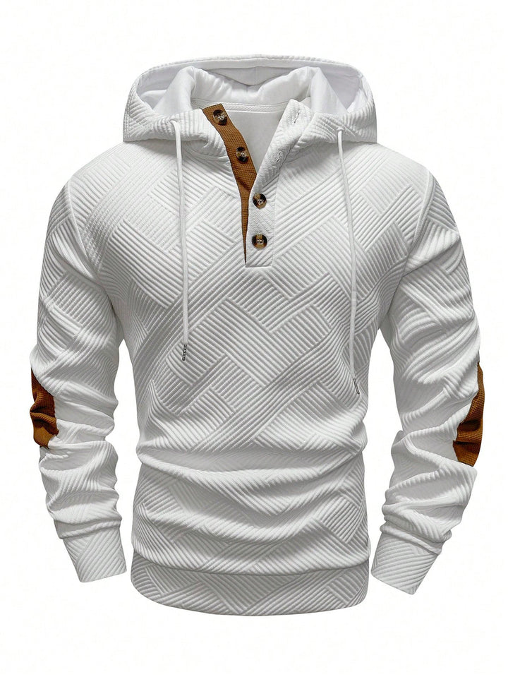 Herren nan strukturierter Kapuzenpullover im Henley-Stil mit Kontrastbesatz und Ellenbogenaufnähern Drune