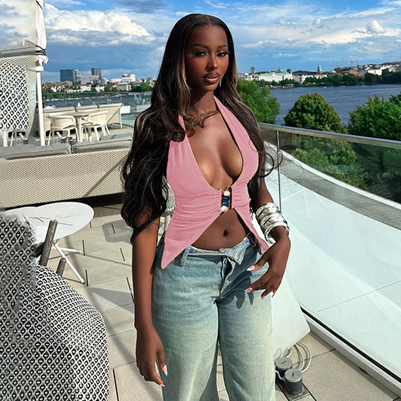Damen Haltertop mit eleganter Raffung und dekorativen Perlen Drune