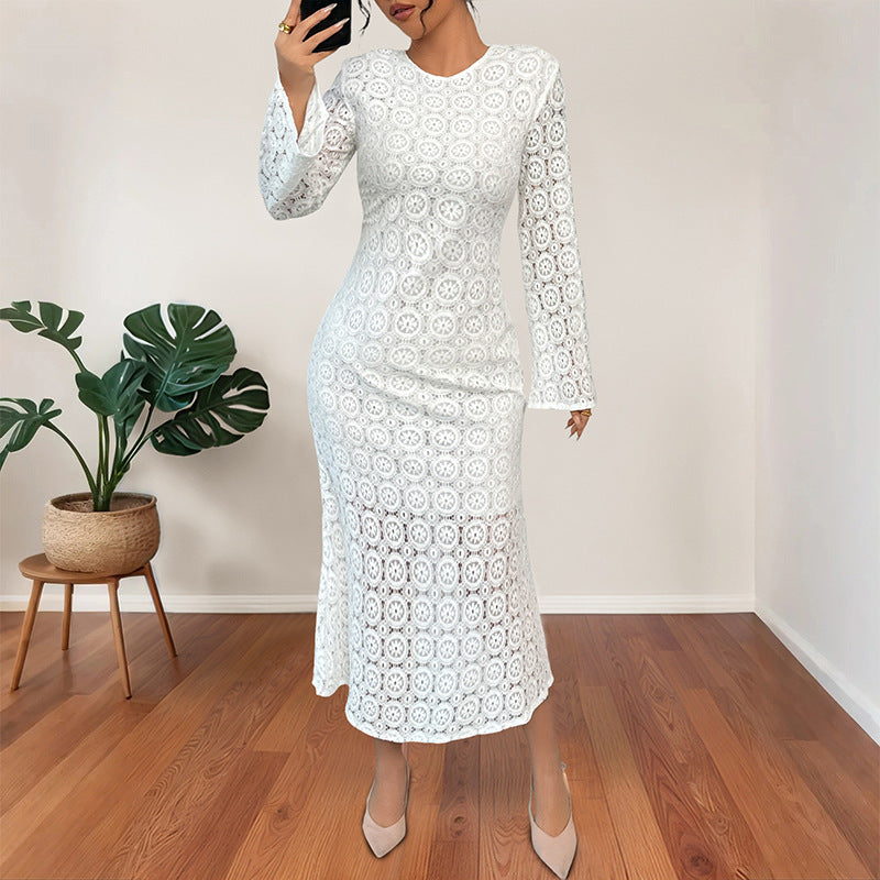 Damen Midikleid aus Häkelspitze mit taillierter Silhouette, Trompetenärmeln und ausgestelltem Saum Drune