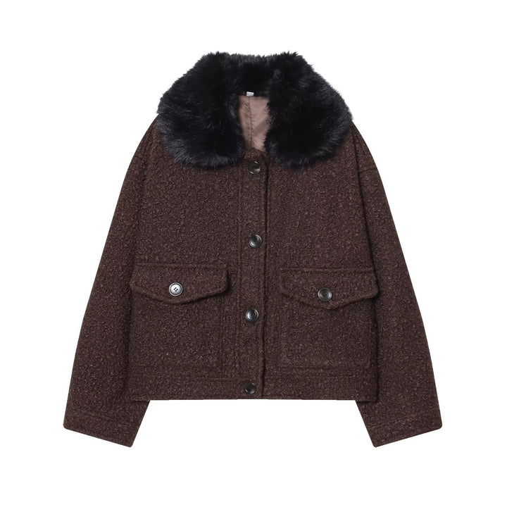 Damen Cropped Bouclé-Jacke mit weichem Kunstfellkragen und Pattentaschen Drune