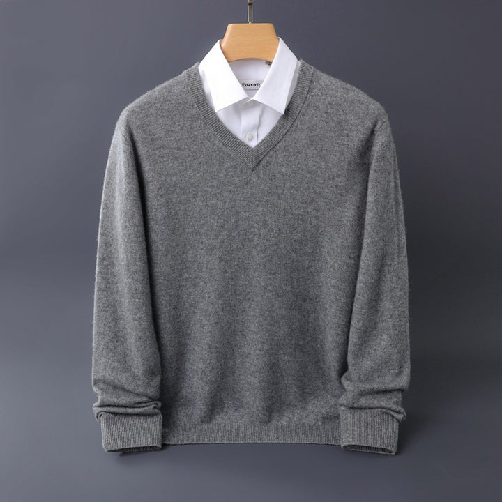 Herren Feiner V-Ausschnitt-Pullover aus Merino-Kaschmir-Mix mit gerippten Bündchen Drune