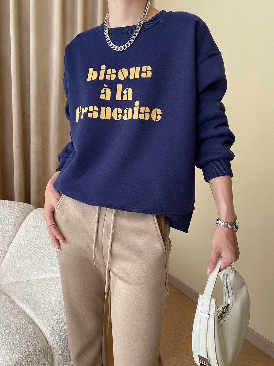 Damen lässiges Sweatshirt mit kreativem Schriftzug und innovativem Schnitt Drune