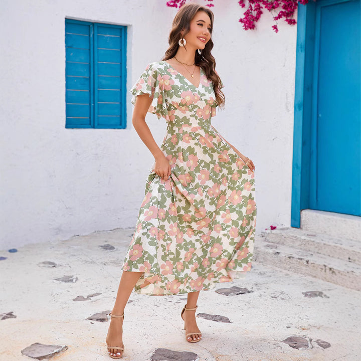 Damen Maxikleid mit femininem V-Ausschnitt und Rüschendetails Drune