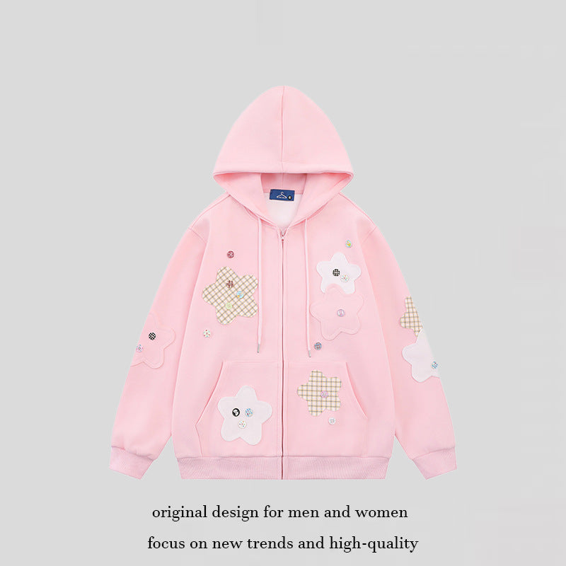 Damen Oversize-Zip-Hoodie mit floralen Stern-Applikationen und Knopf-Details Drune