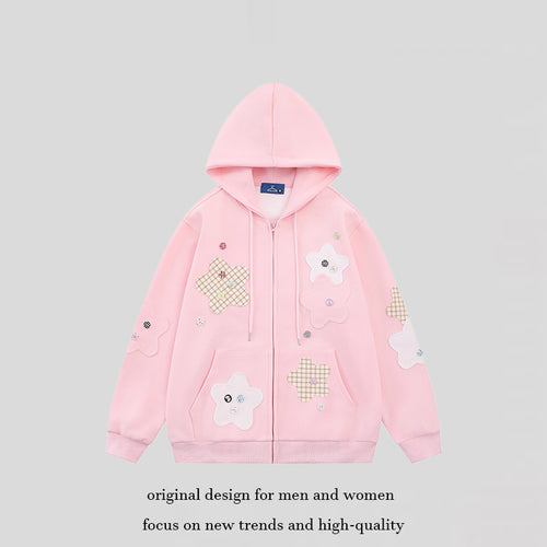 Damen Oversize-Zip-Hoodie mit floralen Stern-Applikationen und Knopf-Details Drune