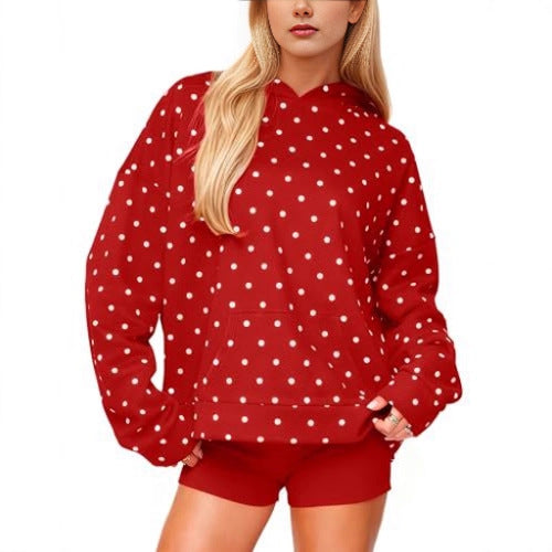 Damen Gepunkteter Oversize-Kapuzenpullover mit Kängurutasche Drune