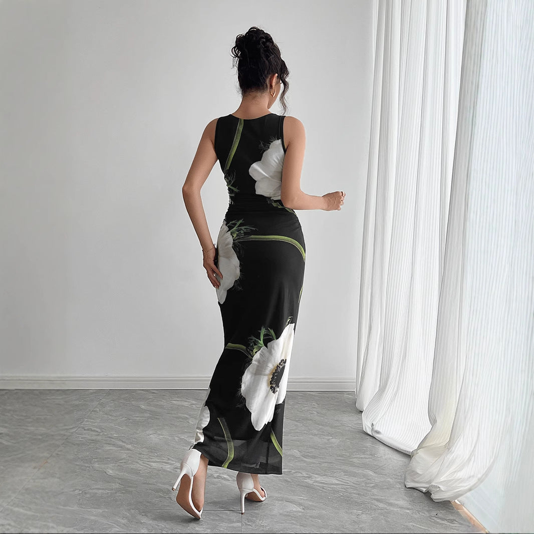 Damen nan figurbetontes ärmelloses Maxikleid mit fotorealistischem Blumenprint und taillierter Silhouette Drune
