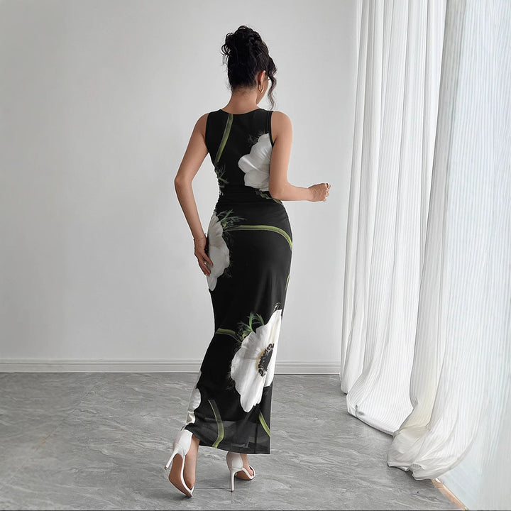 Damen nan figurbetontes ärmelloses Maxikleid mit fotorealistischem Blumenprint und taillierter Silhouette Drune